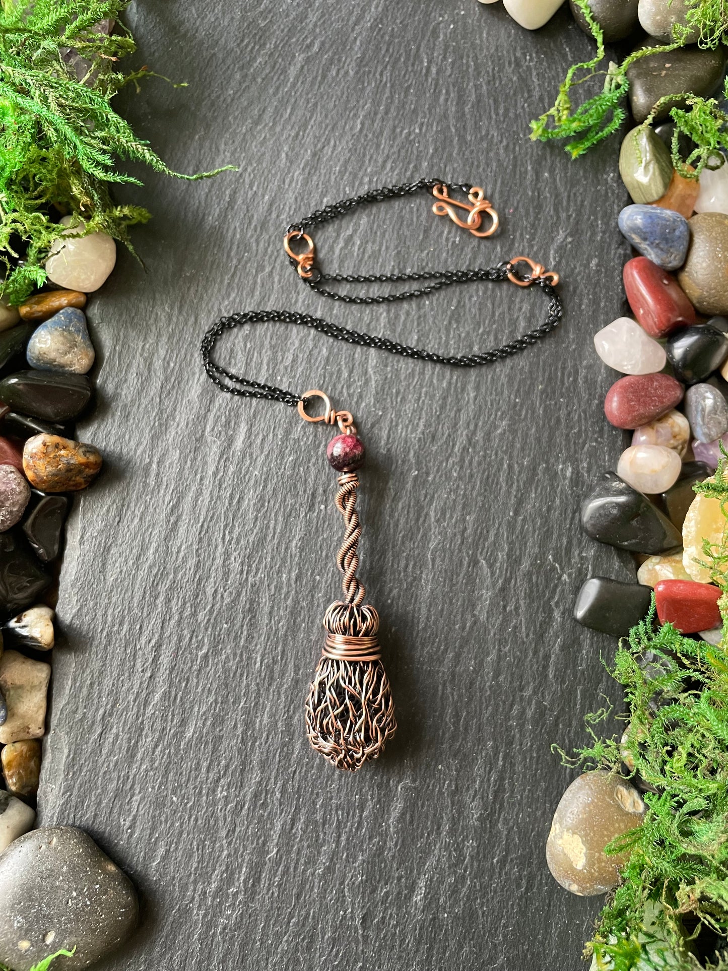 009. Miniature Collectible Broom Pendant With Twisted Handle And Garnet Crystal | Add Custom Name Charm