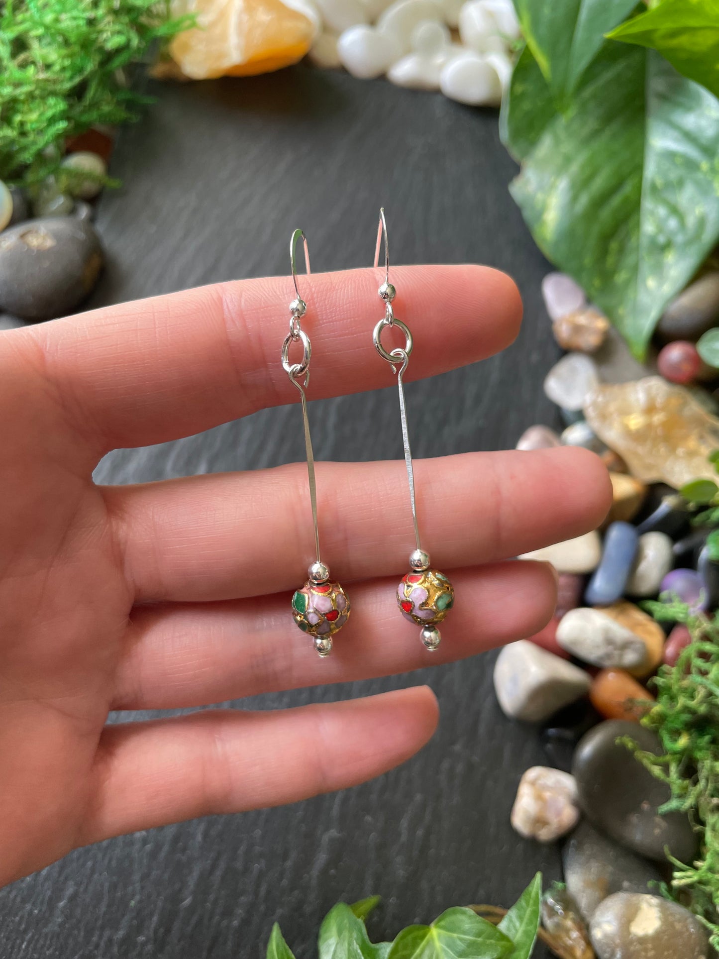 Silver Drop Earrings With Gold Cloisonné Flower Beads In .925 Sterling Silver