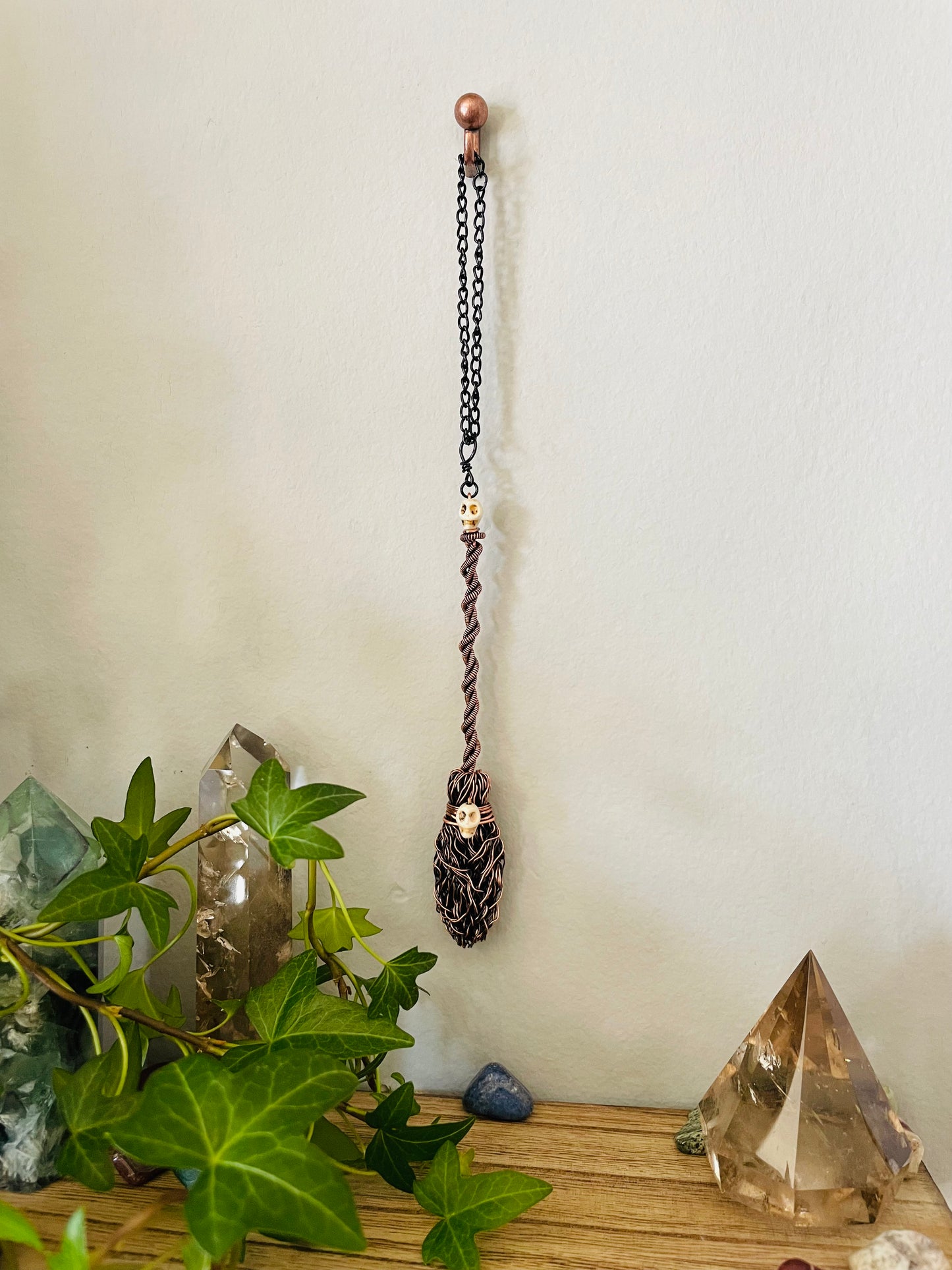 Miniature Collectible Broom Wall Charm With Stone Skulls, Handmade Broom To Accent A Witch’s Home