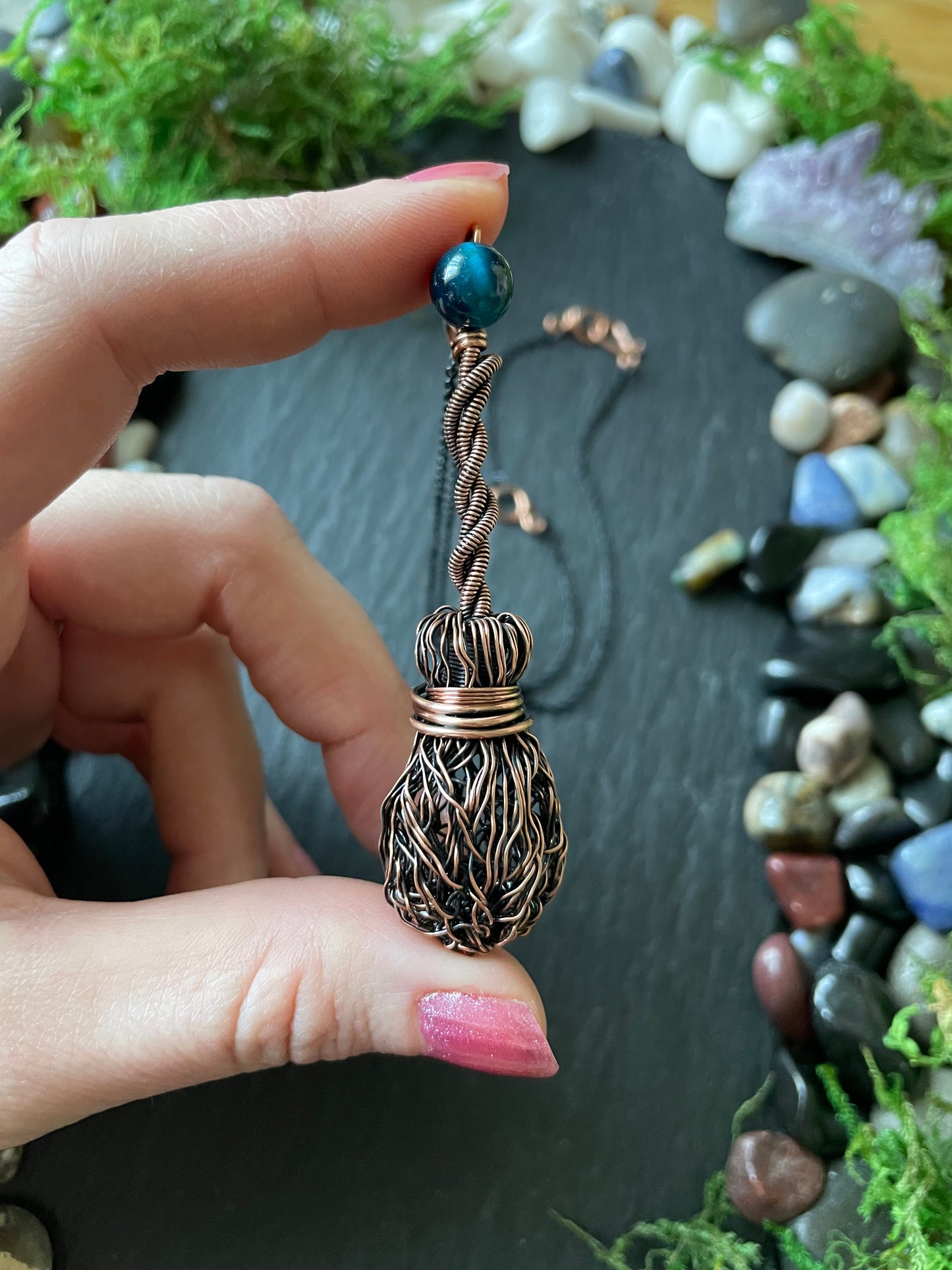 007. Miniature Collectible Broom Pendant With Twisted Handle And Blue Tiger’s Eye Crystal | Add Custom Name Charm