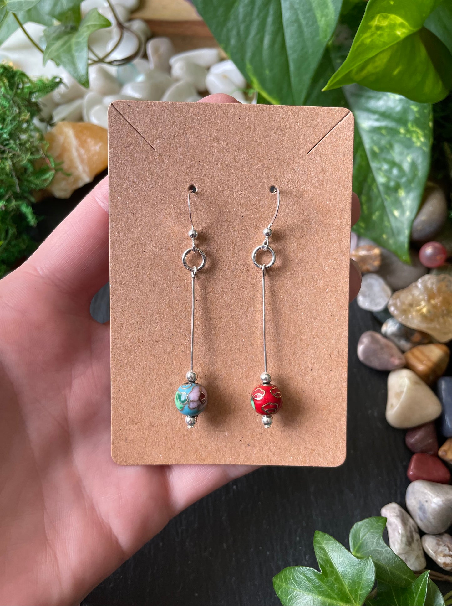 Silver Drop Earrings With Blue And Red Cloisonné Flower Beads In .925 Sterling Silver