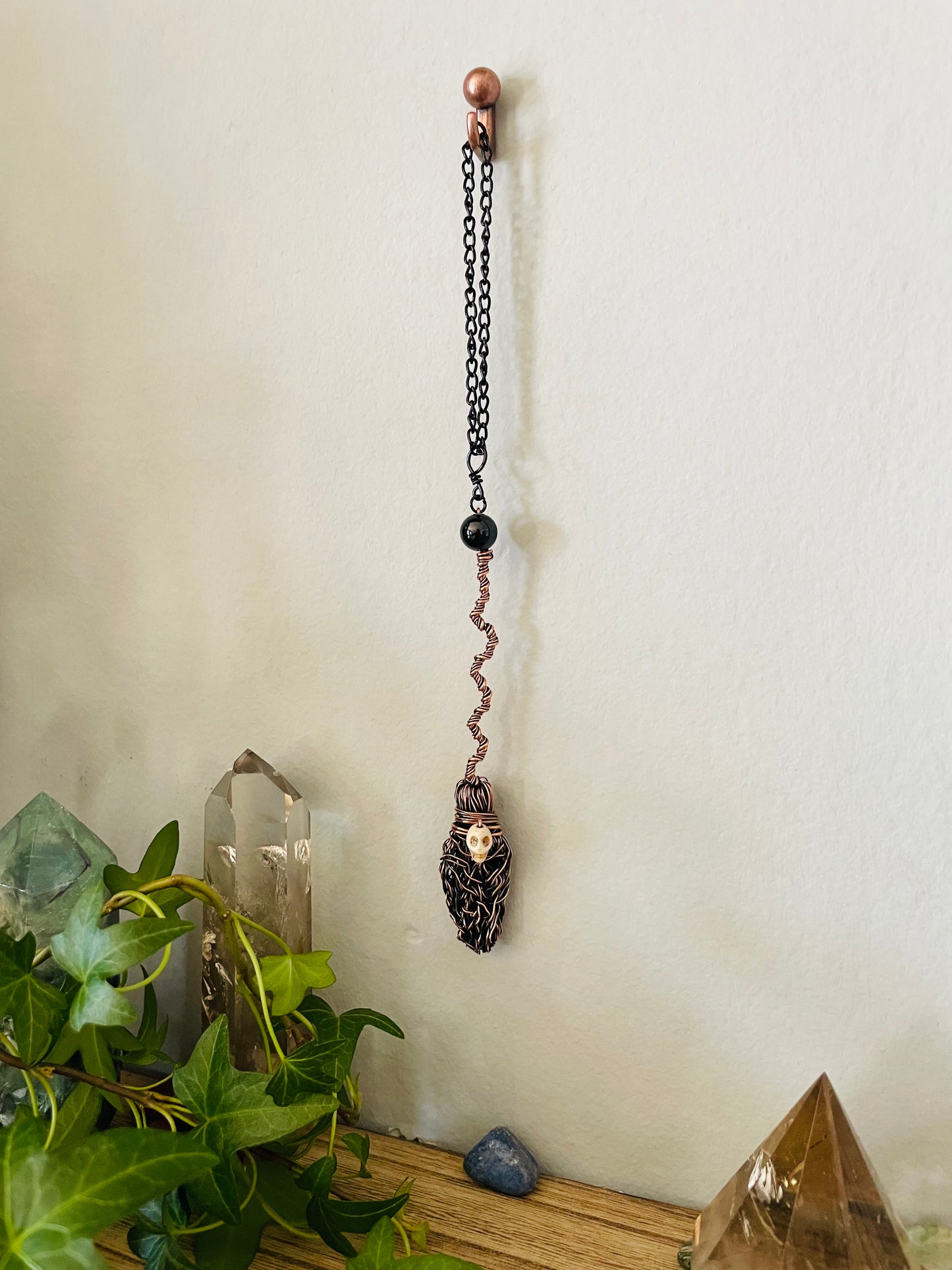 Miniature Collectible Broom Wall Charm With Tourmaline Stone And Skull, Handmade Broom To Accent A Witch’s Home