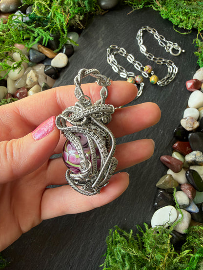 Magically Enchanted Flower Sphere Amulet In A Stainless Steel Wire Weave | One-of-a-Kind Handmade