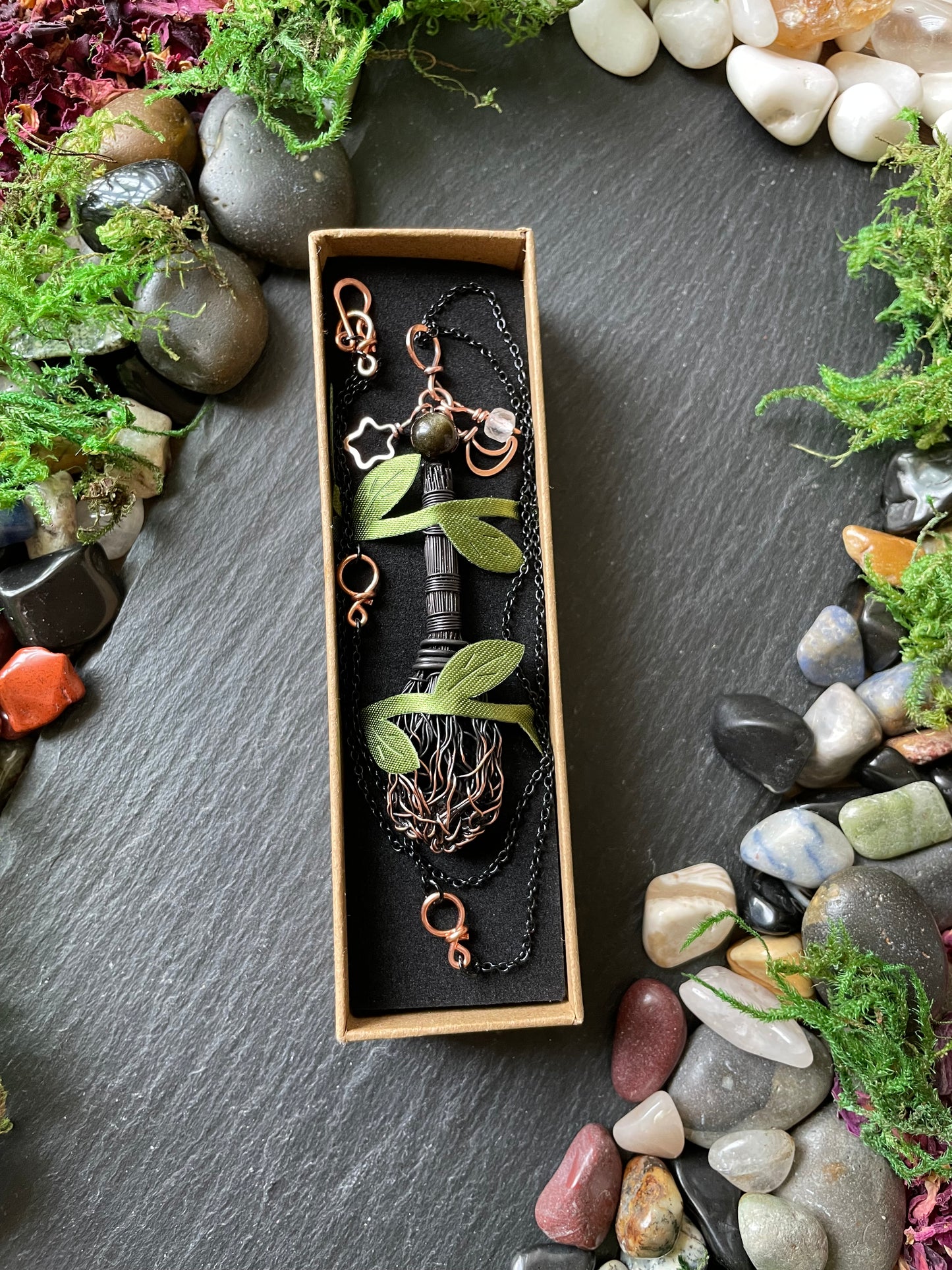 0119. Miniature Collectible Black Broom Pendant With Gold Sheen Obsidian Stone And Celestial Charms | Add Custom Name Charm