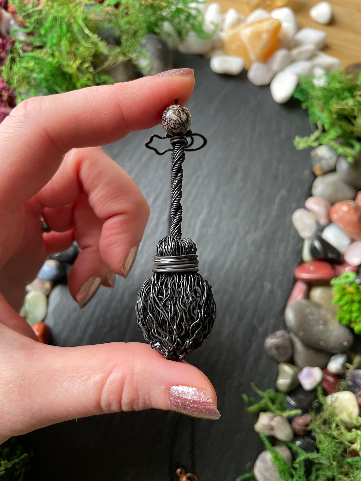 0126. Miniature Collectible Black Broom Pendant With Pink/Black Rhodonite Stone And Celestial Charms | Add Custom Name Charm