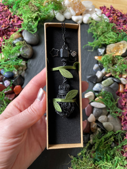 0120. Miniature Collectible Black Broom Pendant With Tourmaline Stone And Celestial Charms | Add Custom Name Charm