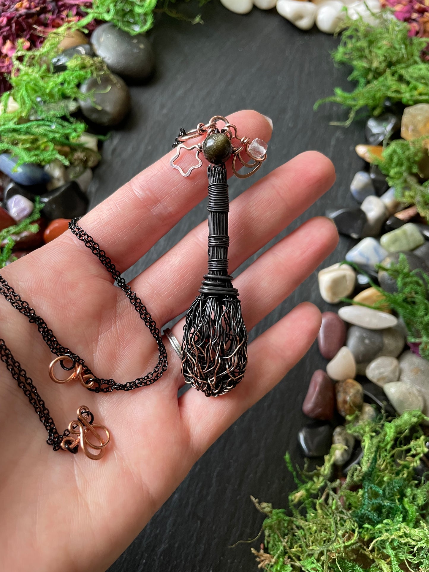 0119. Miniature Collectible Black Broom Pendant With Gold Sheen Obsidian Stone And Celestial Charms | Add Custom Name Charm