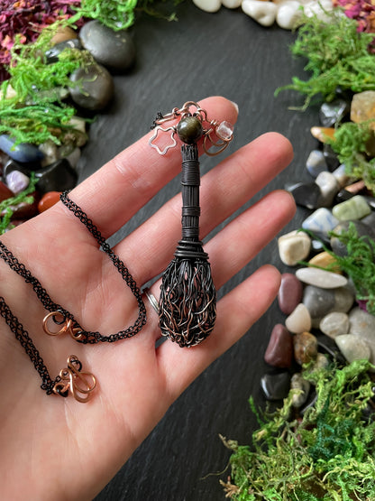 0119. Miniature Collectible Black Broom Pendant With Gold Sheen Obsidian Stone And Celestial Charms | Add Custom Name Charm