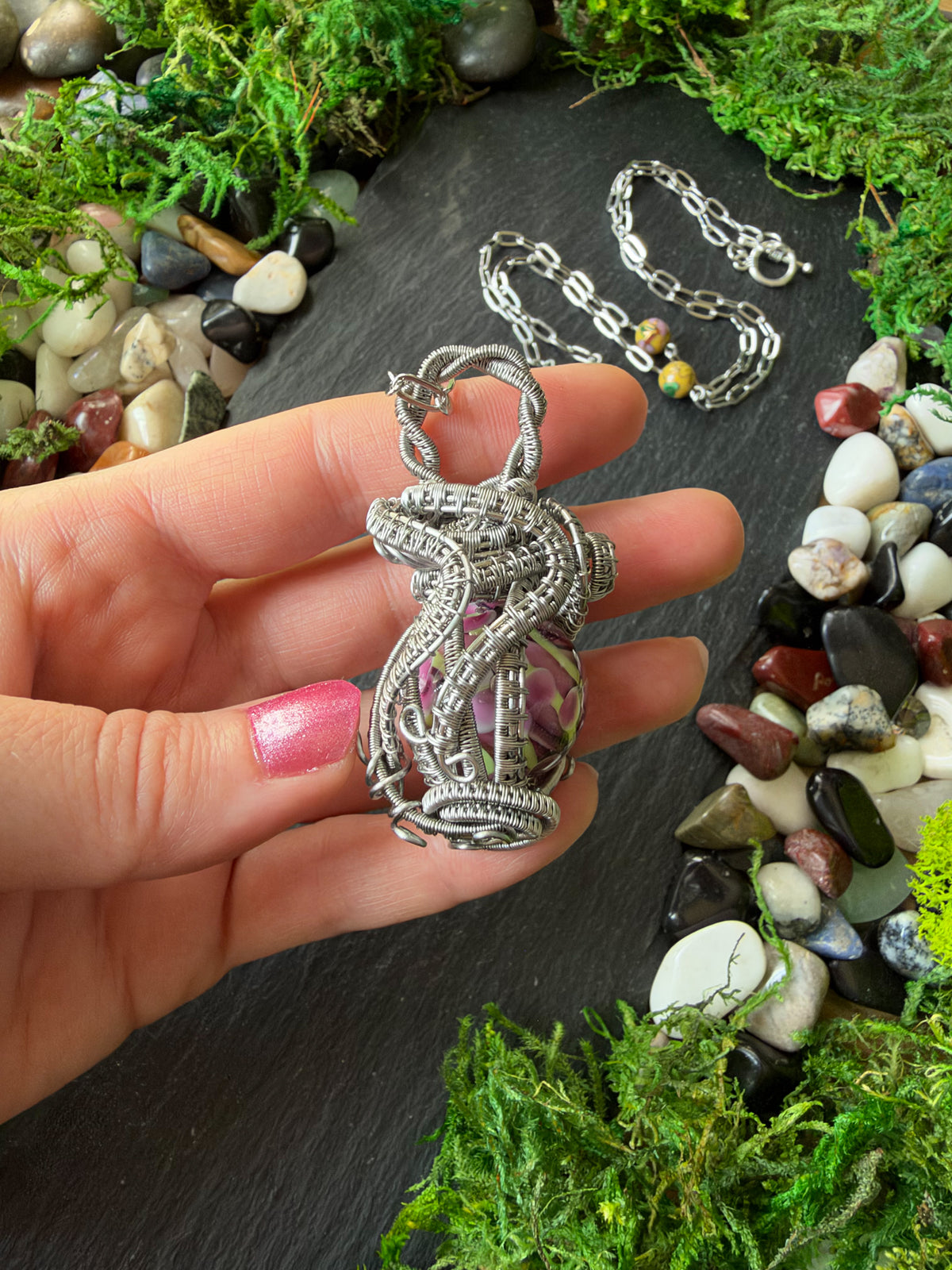 Magically Enchanted Flower Sphere Amulet In A Stainless Steel Wire Weave | One-of-a-Kind Handmade