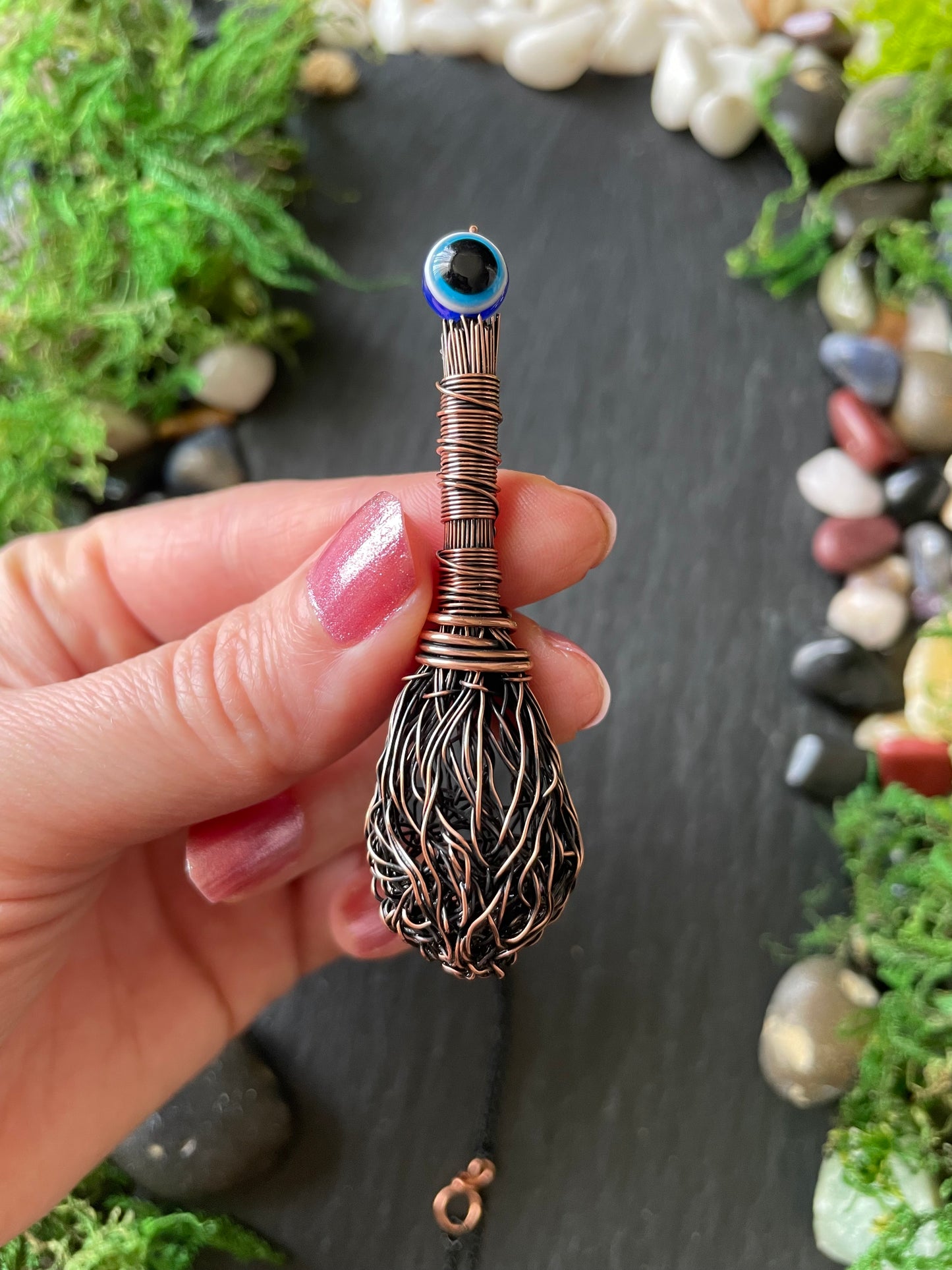 008. Miniature Collectible Broom Pendant With Wrapped Handle And Evil Eye Protection Bead | Add Custom Name Charm