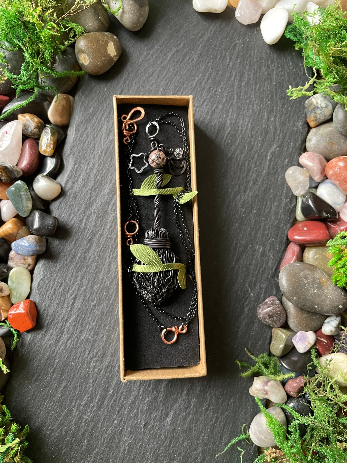 0126. Miniature Collectible Black Broom Pendant With Pink/Black Rhodonite Stone And Celestial Charms | Add Custom Name Charm