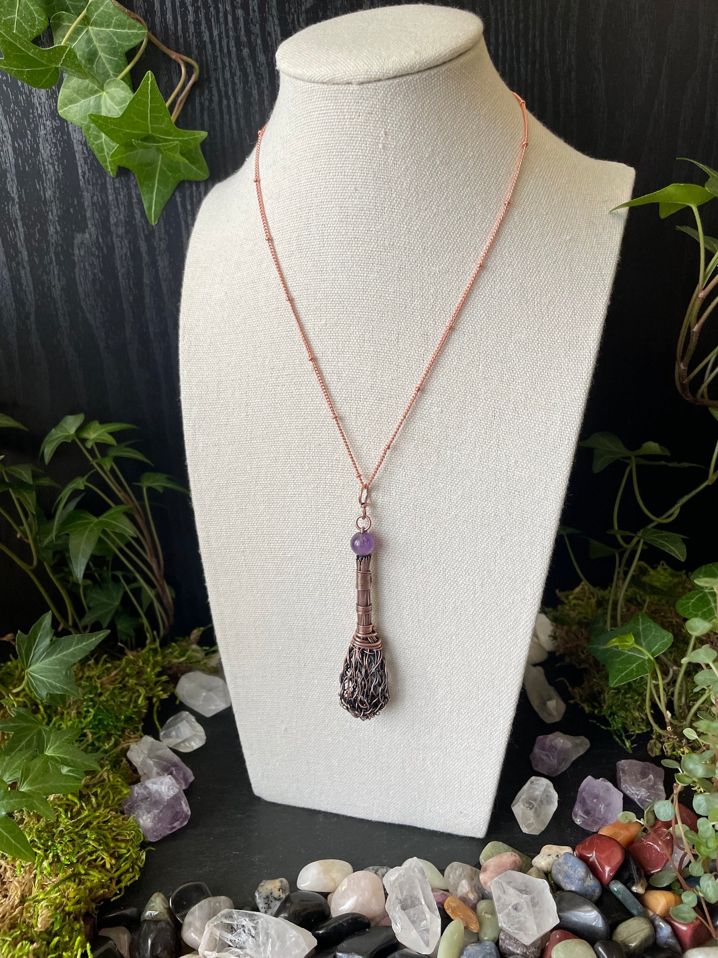 Custom Made To Order - Choose Your Crystal Bead! Antiqued Copper Witch Broom Pendant With Crystal Bead On Copper Chain, Broom Necklace