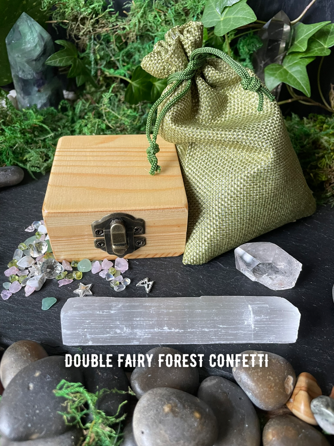 Magical Mini Fairy Forest Crystal Confetti With Wooden Box, Quartz Point, And Selenite Stick