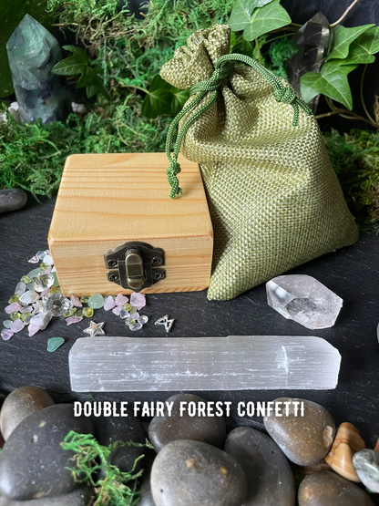 Magical Mini Fairy Forest Crystal Confetti With Wooden Box, Quartz Point, And Selenite Stick