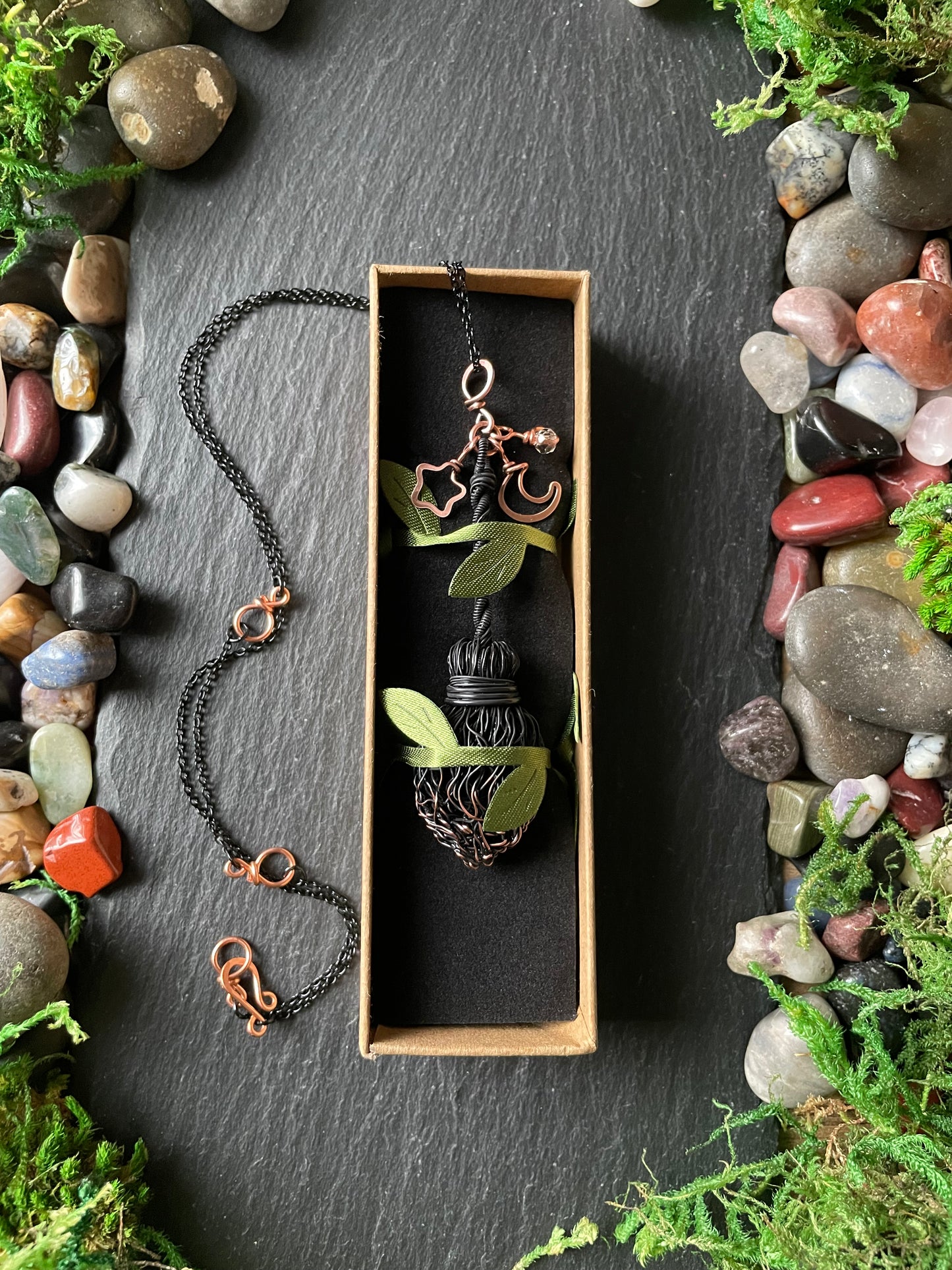 0128. Miniature Collectible Black Broom Pendant With Straight Handle And Celestial Charms | Add Custom Name Charm