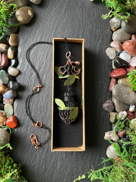 0128. Miniature Collectible Black Broom Pendant With Straight Handle And Celestial Charms | Add Custom Name Charm