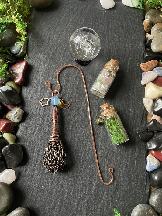 Miniature Broom Bookshelf Charm With Wrapped Handle And Opalite Bead | With Mini Crystal Ball And Two Magic Spell Jars