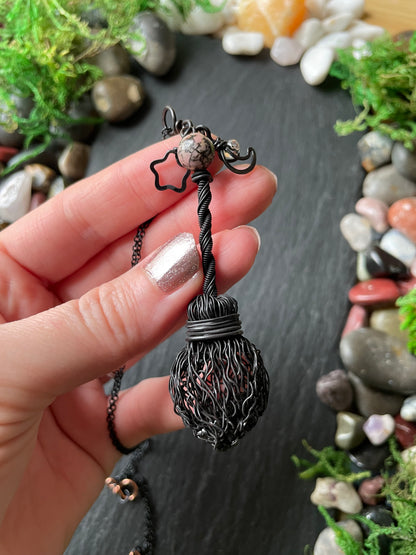 0126. Miniature Collectible Black Broom Pendant With Pink/Black Rhodonite Stone And Celestial Charms | Add Custom Name Charm