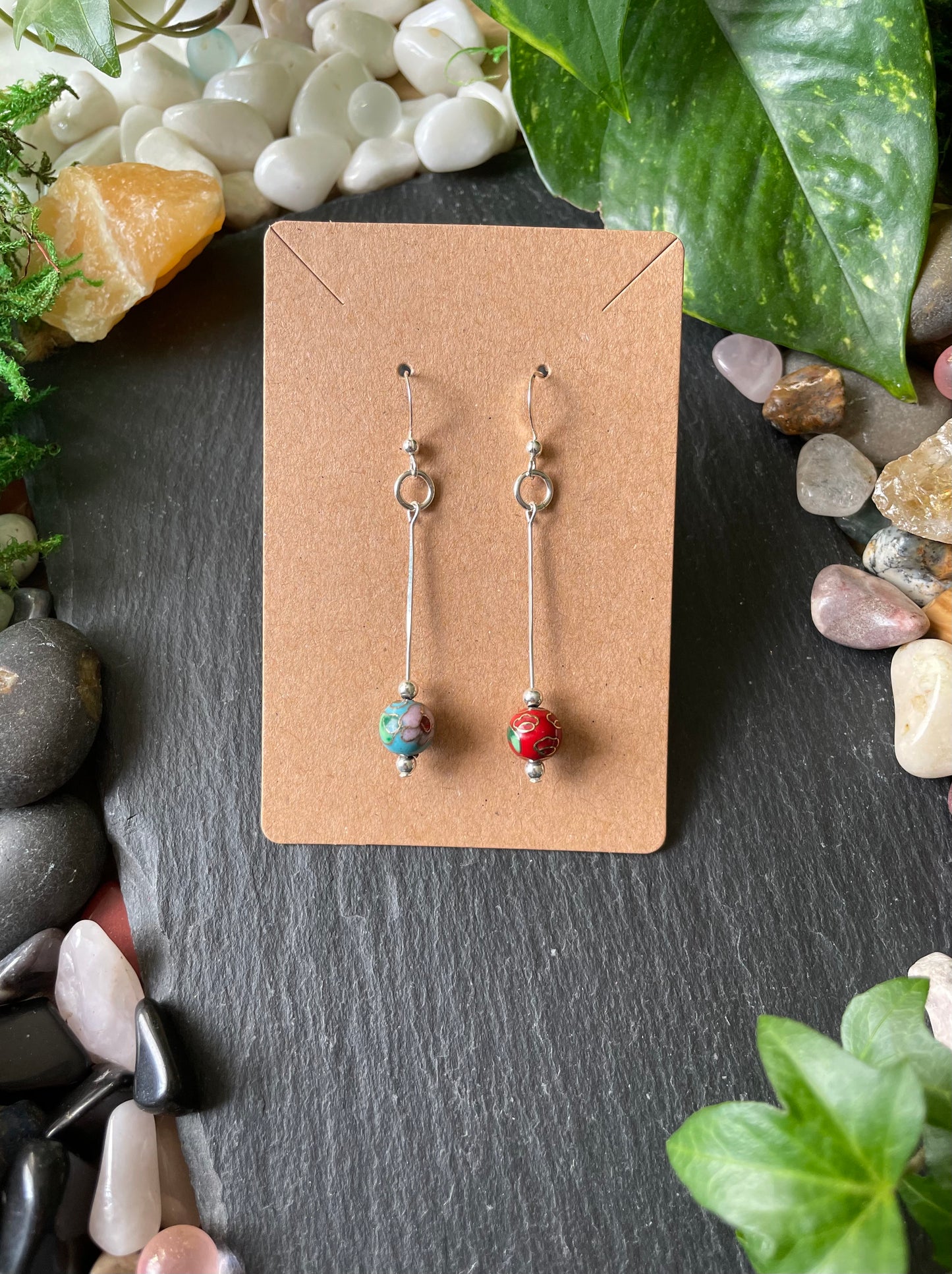 Silver Drop Earrings With Blue And Red Cloisonné Flower Beads In .925 Sterling Silver