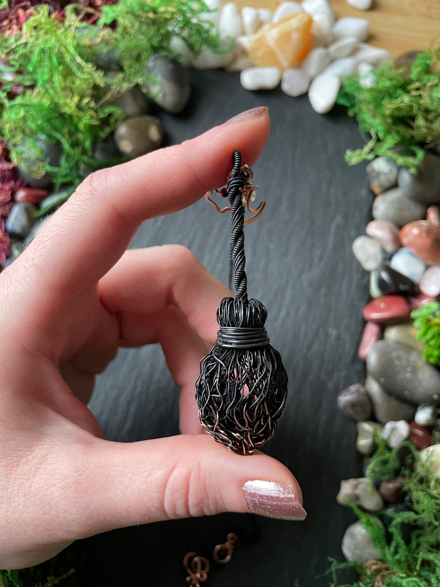 0128. Miniature Collectible Black Broom Pendant With Straight Handle And Celestial Charms | Add Custom Name Charm