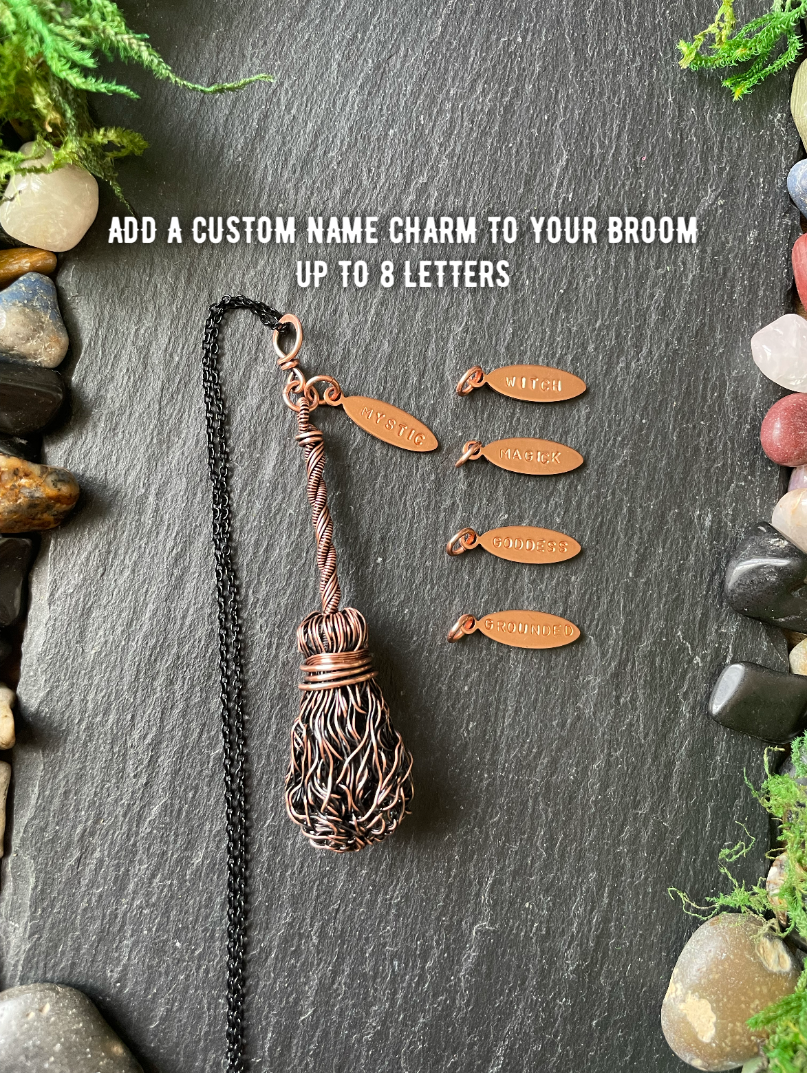 006. Miniature Collectible Broom Pendant With Straight Handle | Add Custom Name Charm