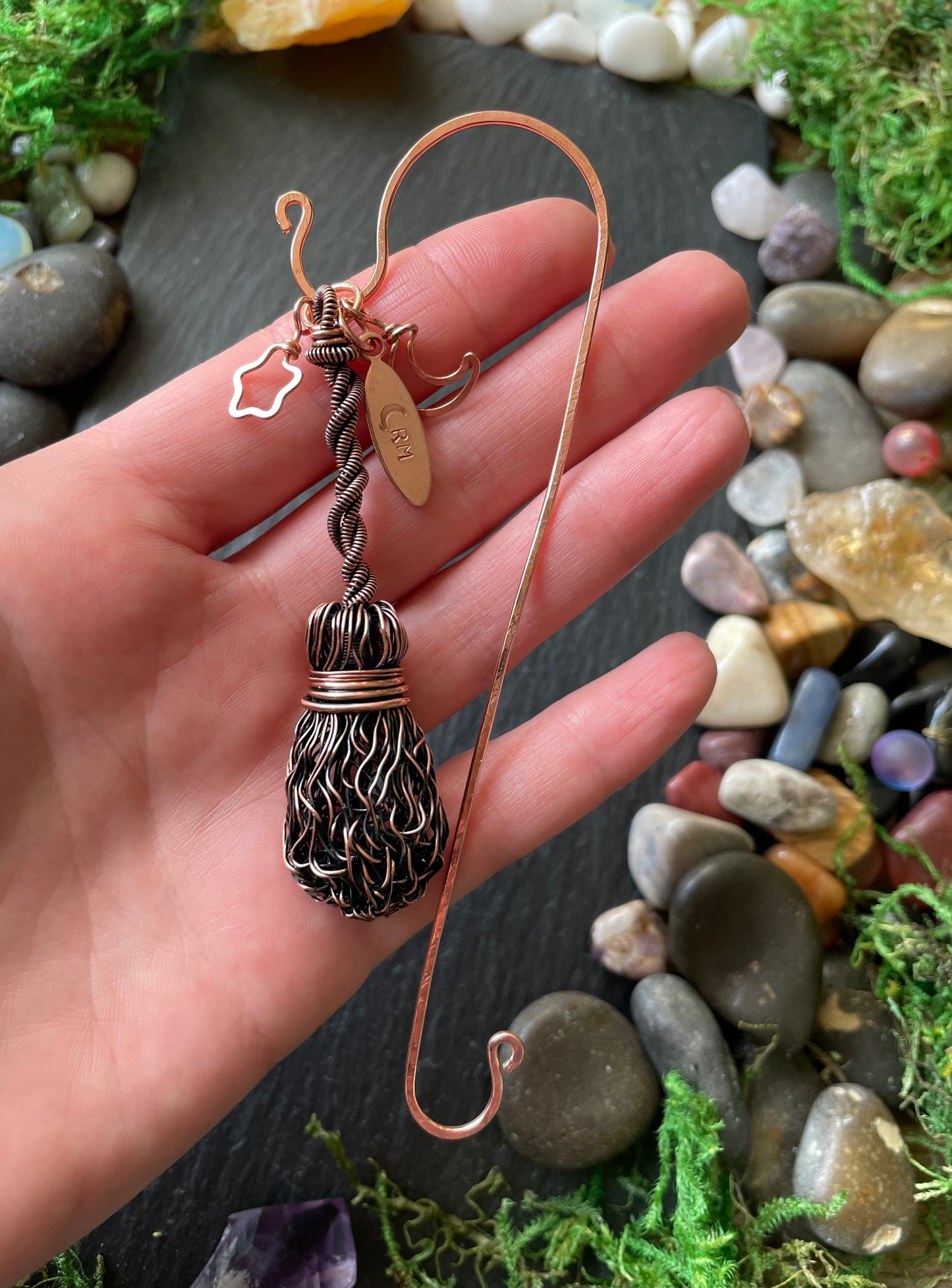 106. Made To Order - Miniature Copper Broom Bookmark With Twisted Handle And Classic Broom Bristles, Mini Bookshelf Broom With Star And Moon