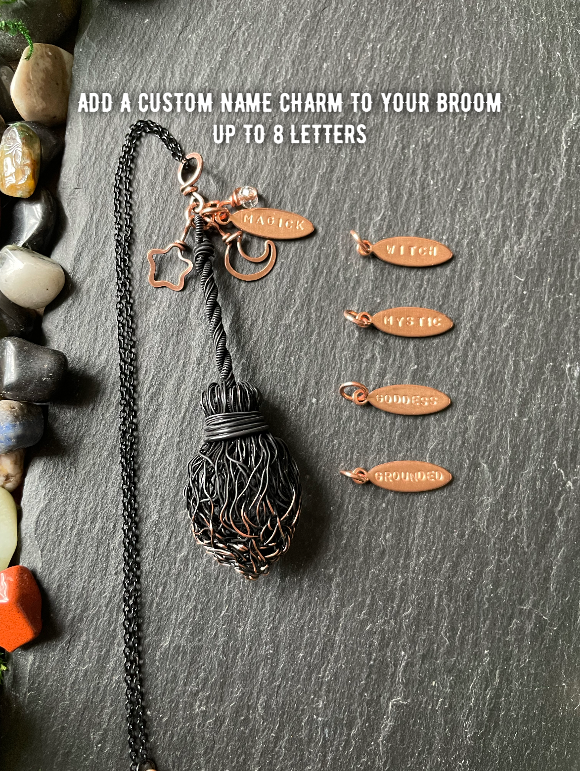 0128. Miniature Collectible Black Broom Pendant With Straight Handle And Celestial Charms | Add Custom Name Charm