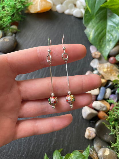 Silver Drop Earrings With Gold Cloisonné Flower Beads In .925 Sterling Silver