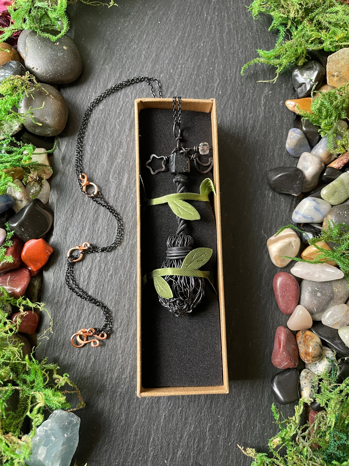 0120. Miniature Collectible Black Broom Pendant With Tourmaline Stone And Celestial Charms | Add Custom Name Charm