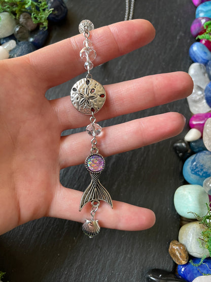 Mermaid Car Mirror Charm With Glass Beads, Sand Dollar, Clam Shell, And Mermaid Tail