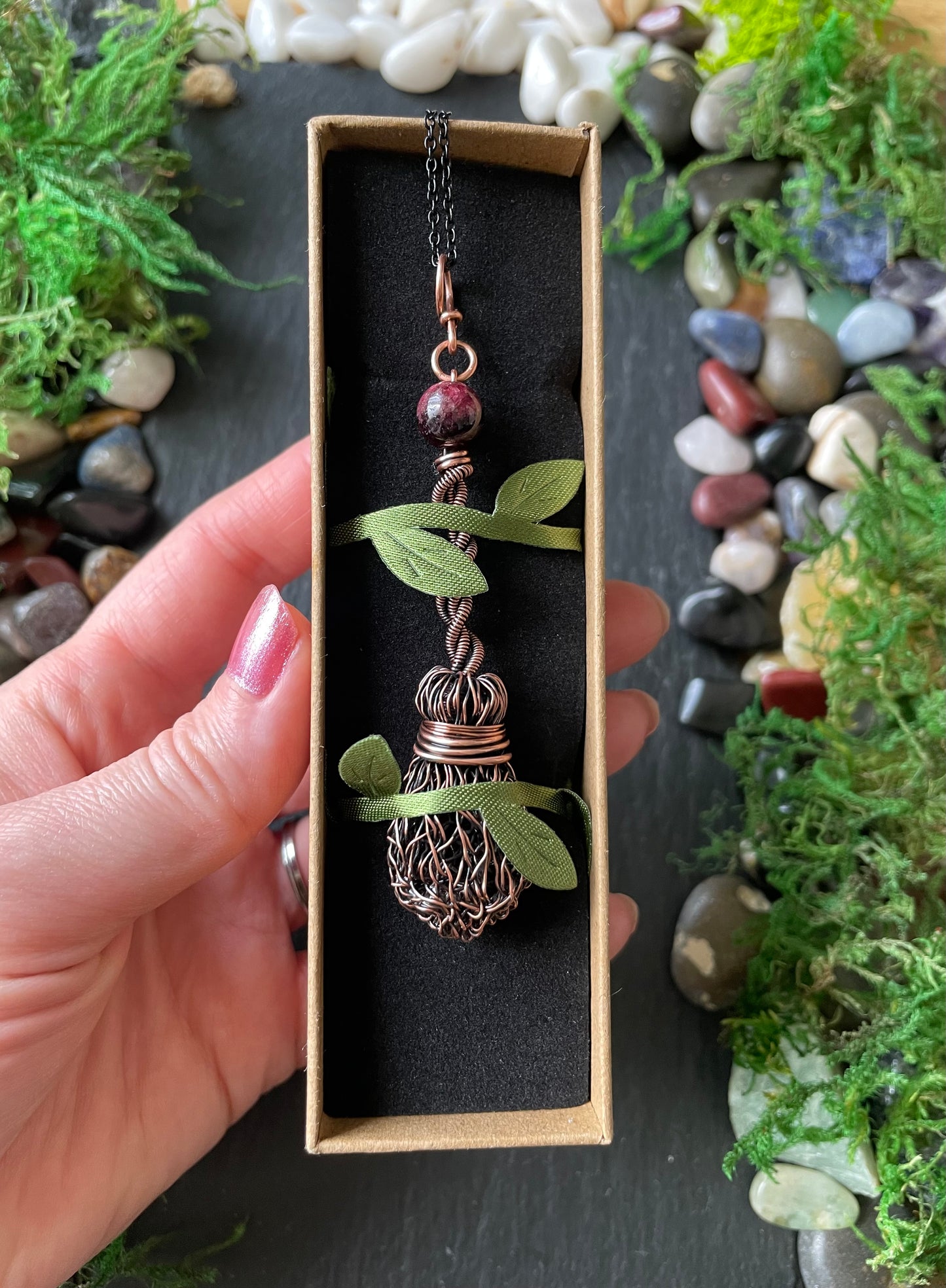 009. Miniature Collectible Broom Pendant With Twisted Handle And Garnet Crystal | Add Custom Name Charm