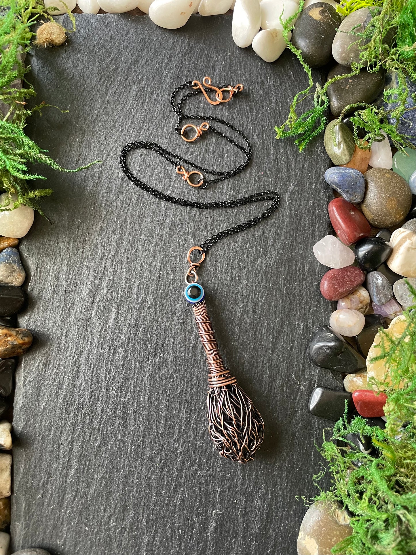 008. Miniature Collectible Broom Pendant With Wrapped Handle And Evil Eye Protection Bead | Add Custom Name Charm