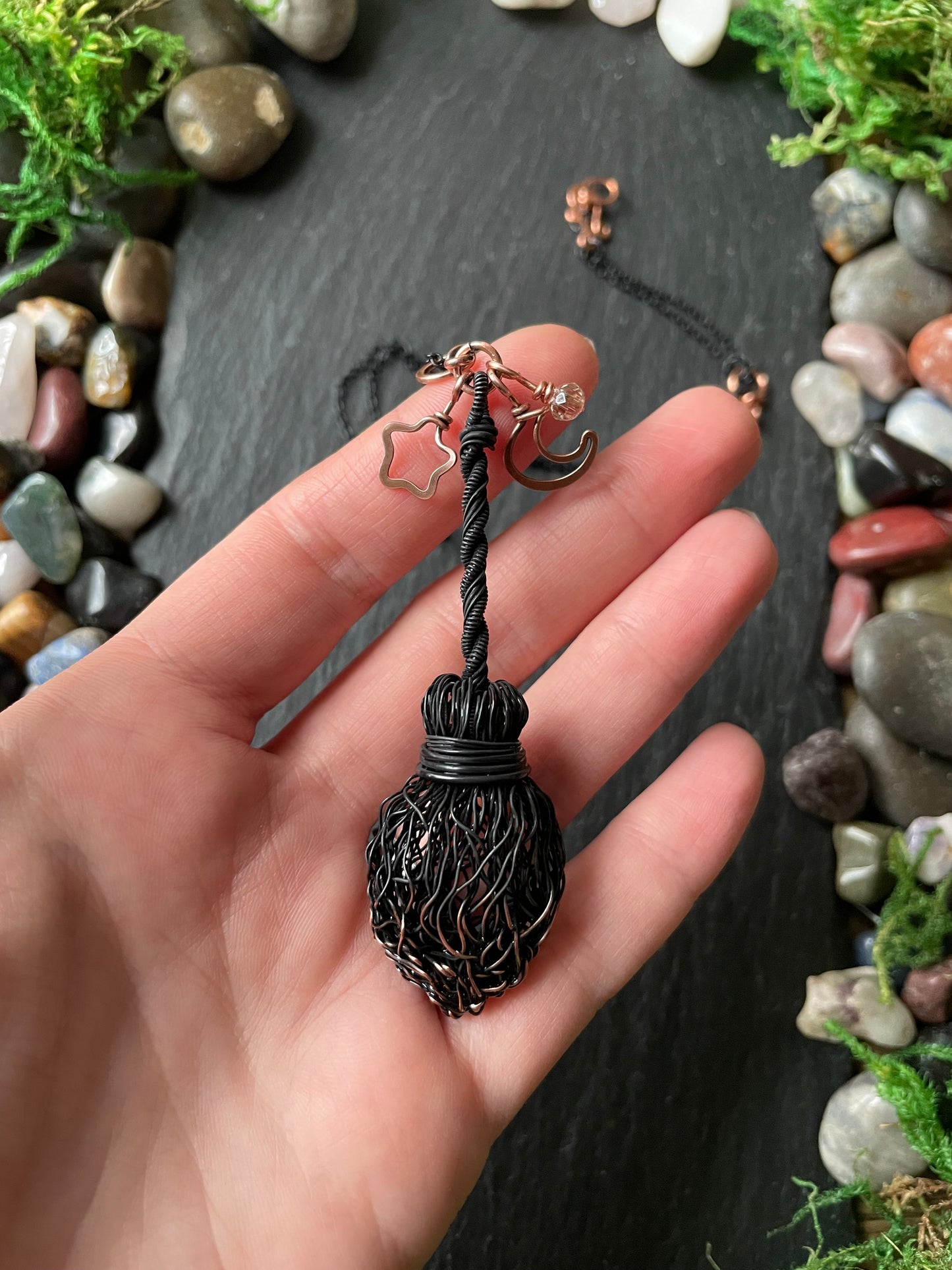 0128. Miniature Collectible Black Broom Pendant With Straight Handle And Celestial Charms | Add Custom Name Charm