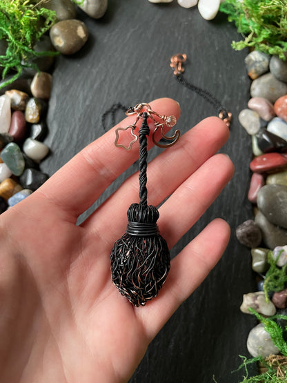 0128. Miniature Collectible Black Broom Pendant With Straight Handle And Celestial Charms | Add Custom Name Charm