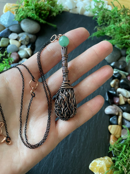 0112. Miniature Collectible Broom Pendant With Wrapped Handle And Green Aventurine Crystal | Add Custom Name Charm