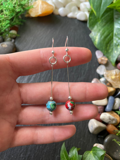 Silver Drop Earrings With Blue And Red Cloisonné Flower Beads In .925 Sterling Silver