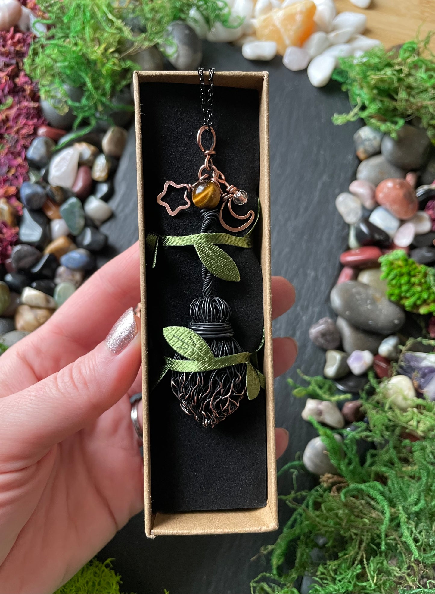 0127. Miniature Collectible Black Broom Pendant With Tiger’s Eye Stone And Celestial Charms | Add Custom Name Charm