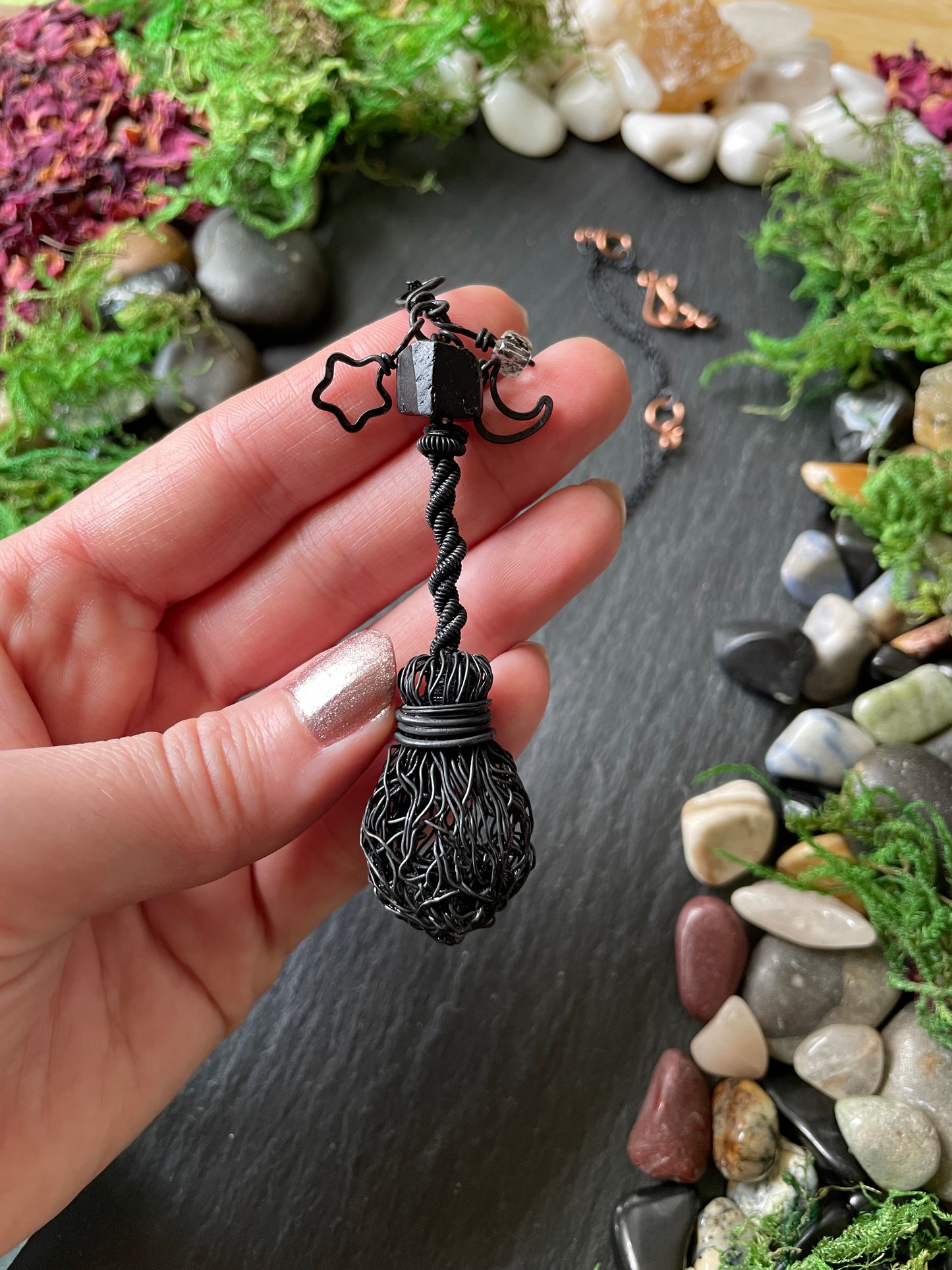0120. Miniature Collectible Black Broom Pendant With Tourmaline Stone And Celestial Charms | Add Custom Name Charm