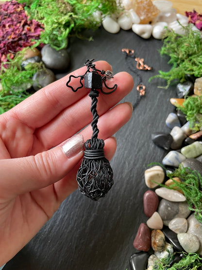 0120. Miniature Collectible Black Broom Pendant With Tourmaline Stone And Celestial Charms | Add Custom Name Charm