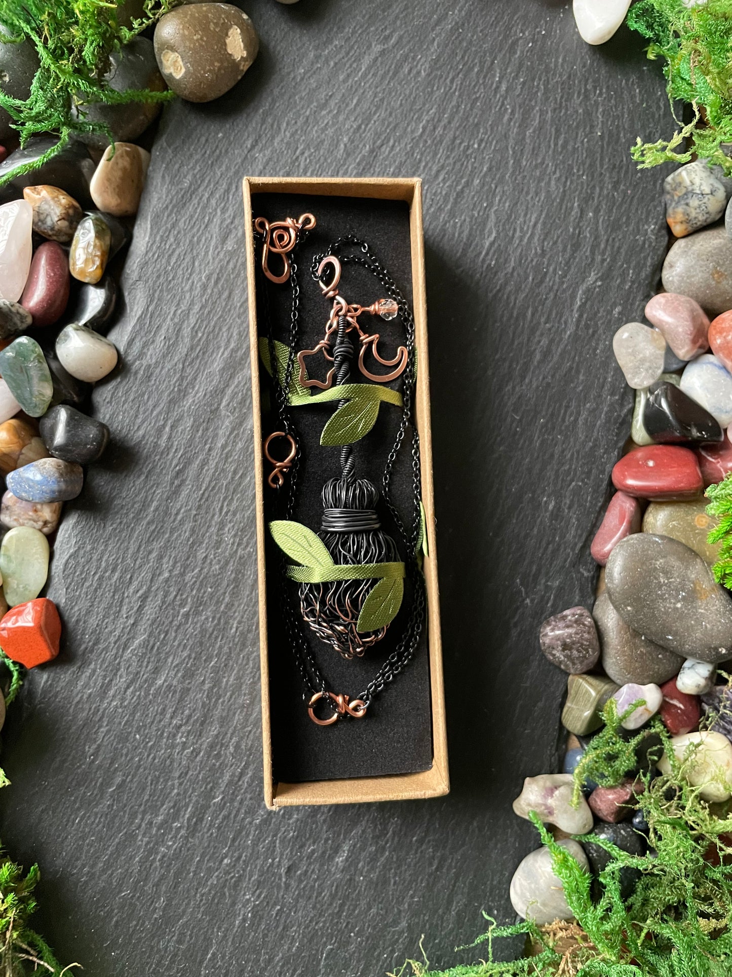 0128. Miniature Collectible Black Broom Pendant With Straight Handle And Celestial Charms | Add Custom Name Charm