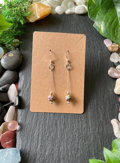 Silver Drop Earrings With Gold Cloisonné Flower Beads In .925 Sterling Silver