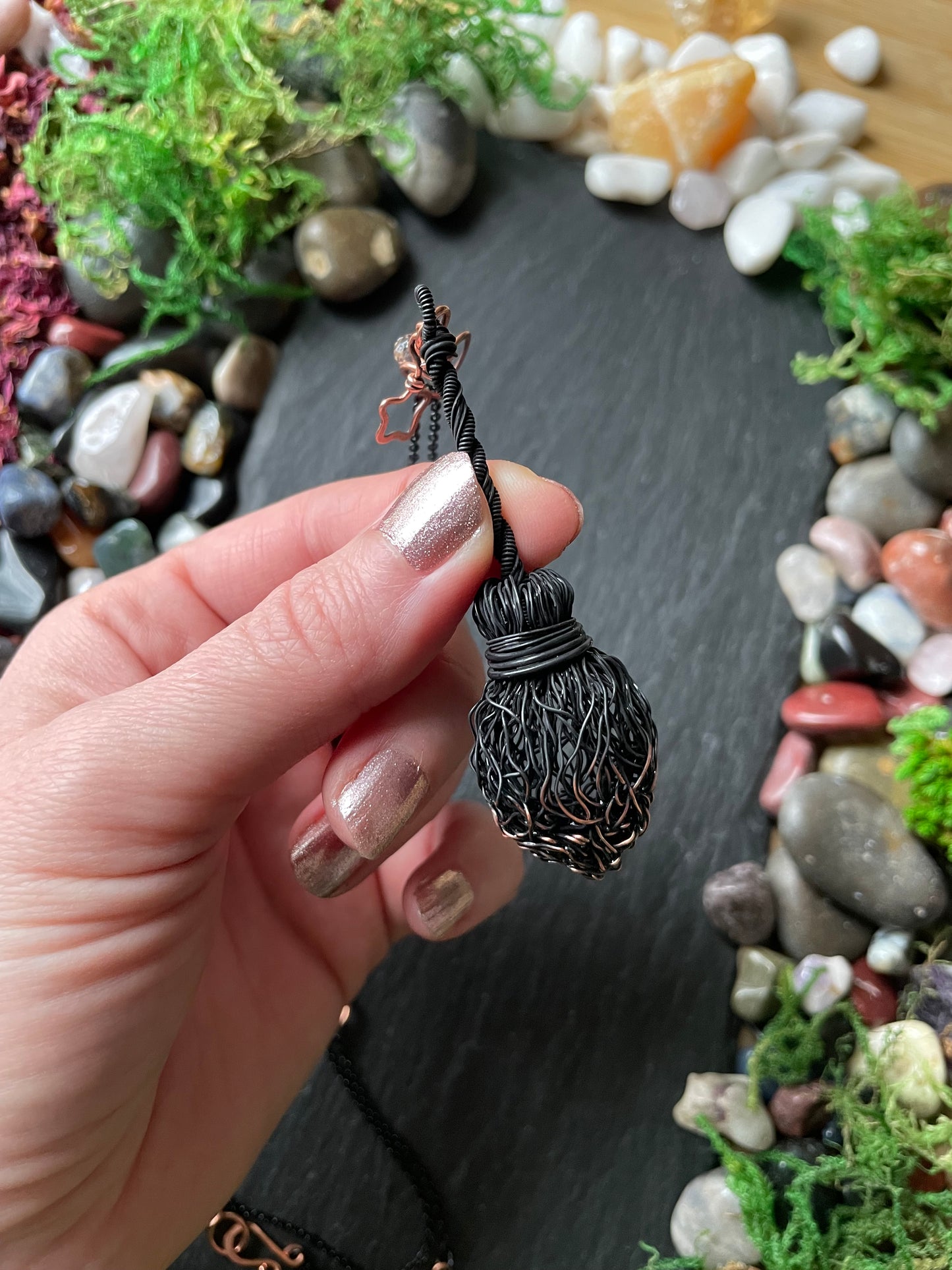 0128. Miniature Collectible Black Broom Pendant With Straight Handle And Celestial Charms | Add Custom Name Charm