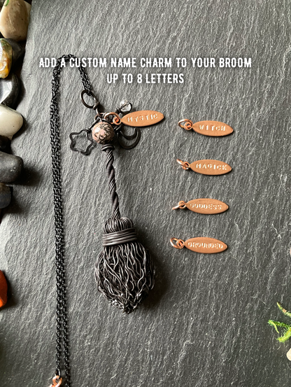 0126. Miniature Collectible Black Broom Pendant With Pink/Black Rhodonite Stone And Celestial Charms | Add Custom Name Charm
