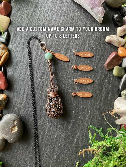 0111. Miniature Collectible Broom Pendant With Twisted Handle And Amazonite Stone | Add Custom Name Charm