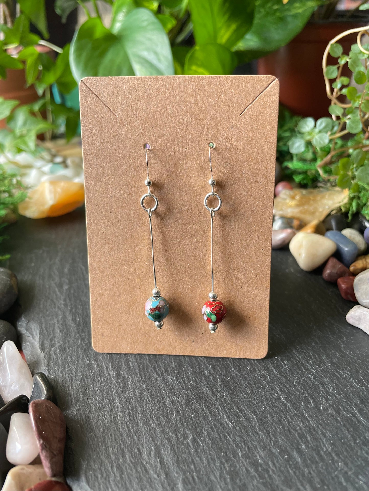 Silver Drop Earrings With Blue And Red Cloisonné Flower Beads In .925 Sterling Silver