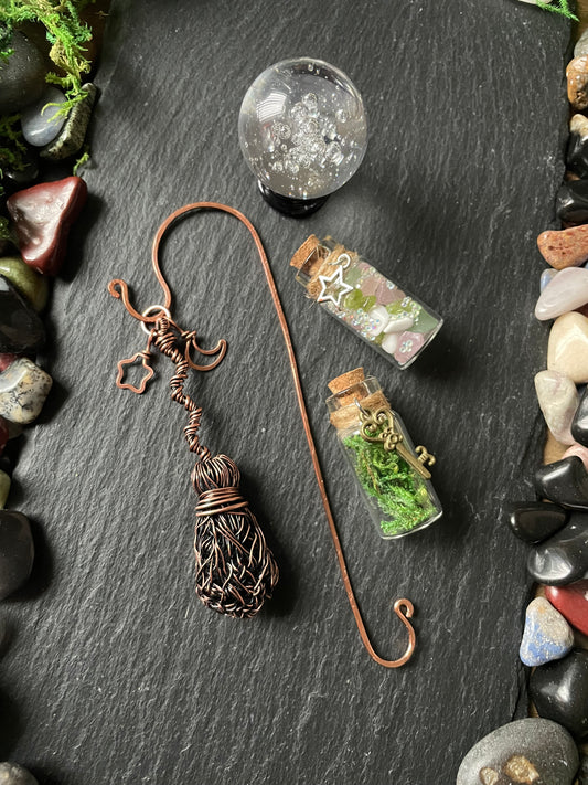 Miniature Broom Bookshelf Charm With Crooked Handle | With Mini Crystal Ball And Two Magic Spell Jars