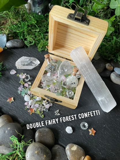 Magical Mini Fairy Forest Crystal Confetti With Wooden Box, Quartz Point, And Selenite Stick