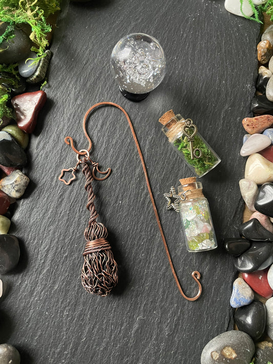 Miniature Broom Bookshelf Charm With Twisted Rope Handle | With Mini Crystal Ball And Two Magic Spell Jars