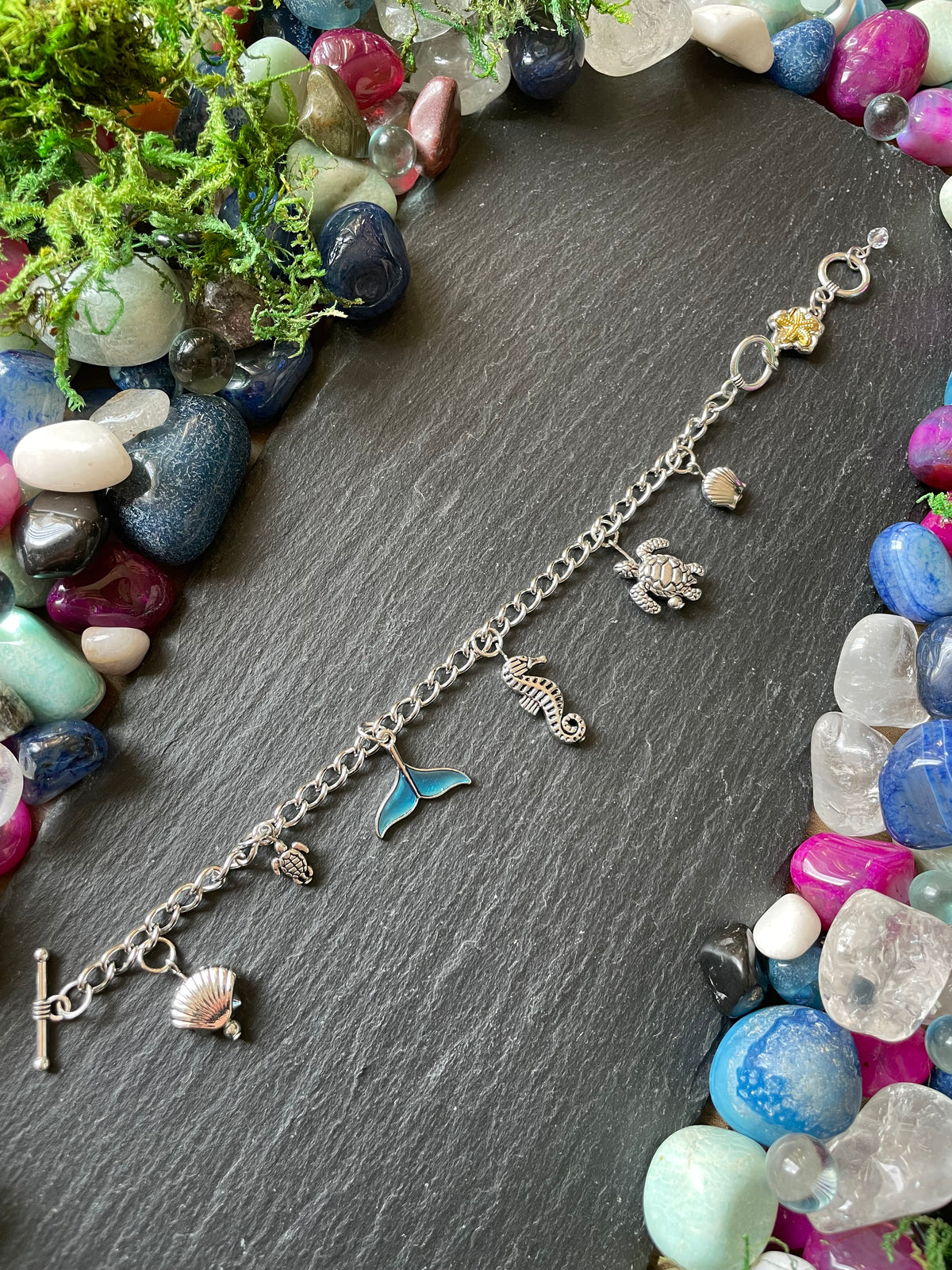 Mermaid Charm Bracelet With Turtle, Clam Shell, Seahorse, And Mermaid Tail Charms