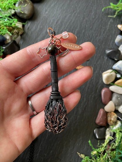 0119. Miniature Collectible Black Broom Pendant With Gold Sheen Obsidian Stone And Celestial Charms | Add Custom Name Charm